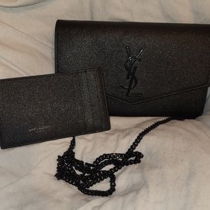 YSL Uptown Pebbled Calfskin Leather Wallet on a Chain